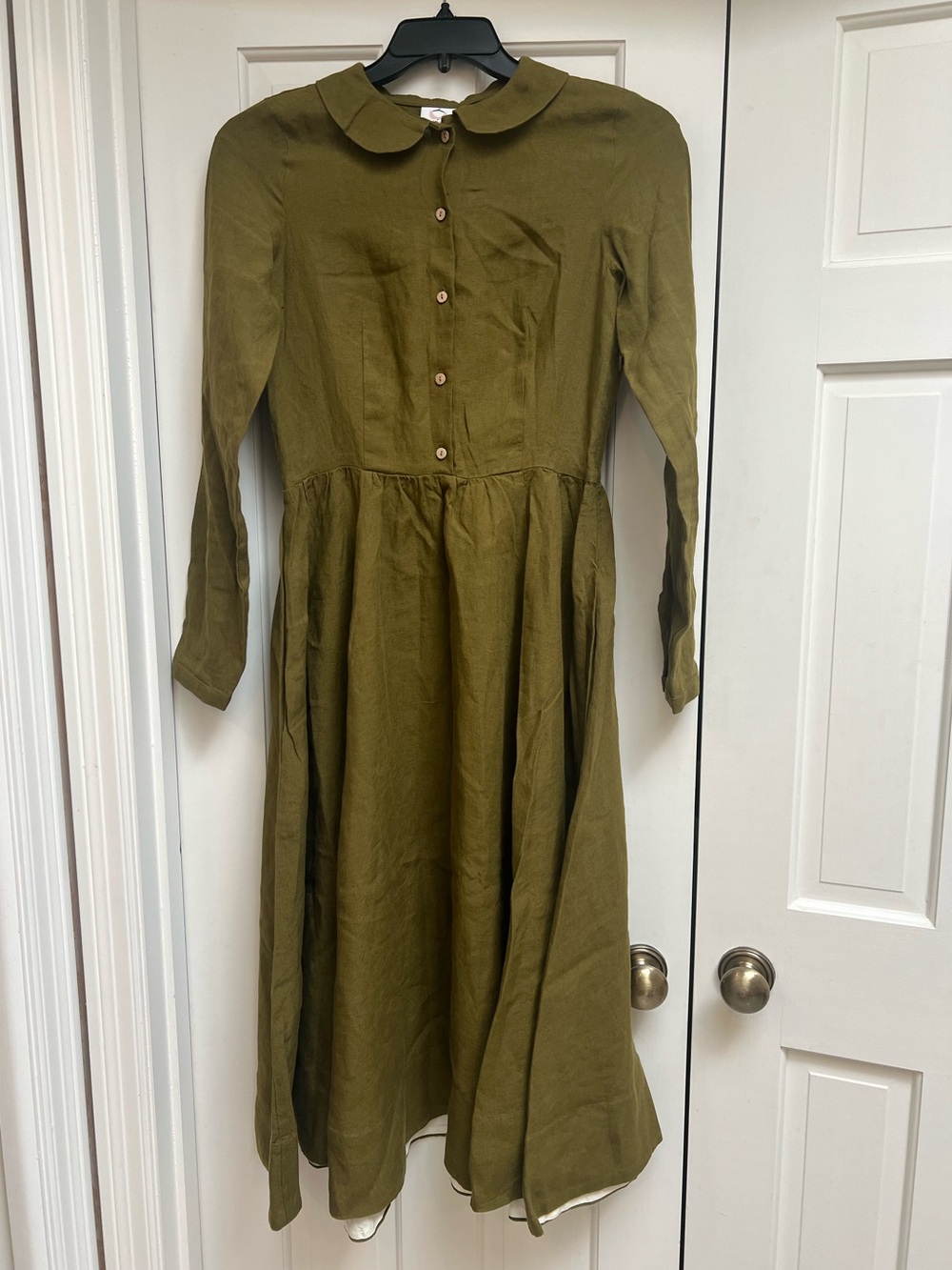 Son de Flor Classic Olive Green Long-Sleeve Midi Dress with Peter Pan Collar